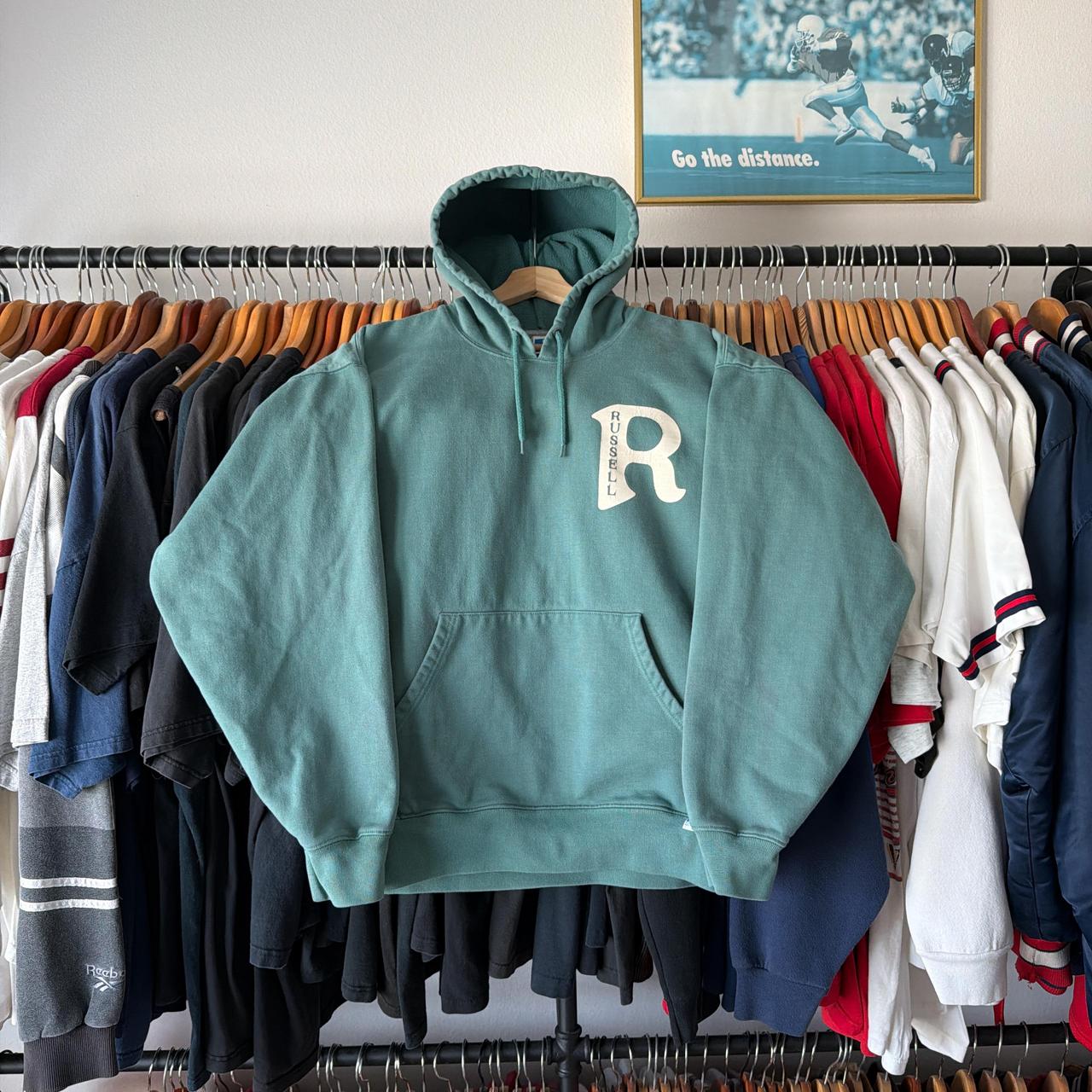 P0 Russell Athletic Men's Green and Cream Hoodie - Image 1